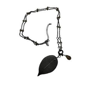 Metal Skeletal Leaf Necklace Black Chain and Smoky Stones